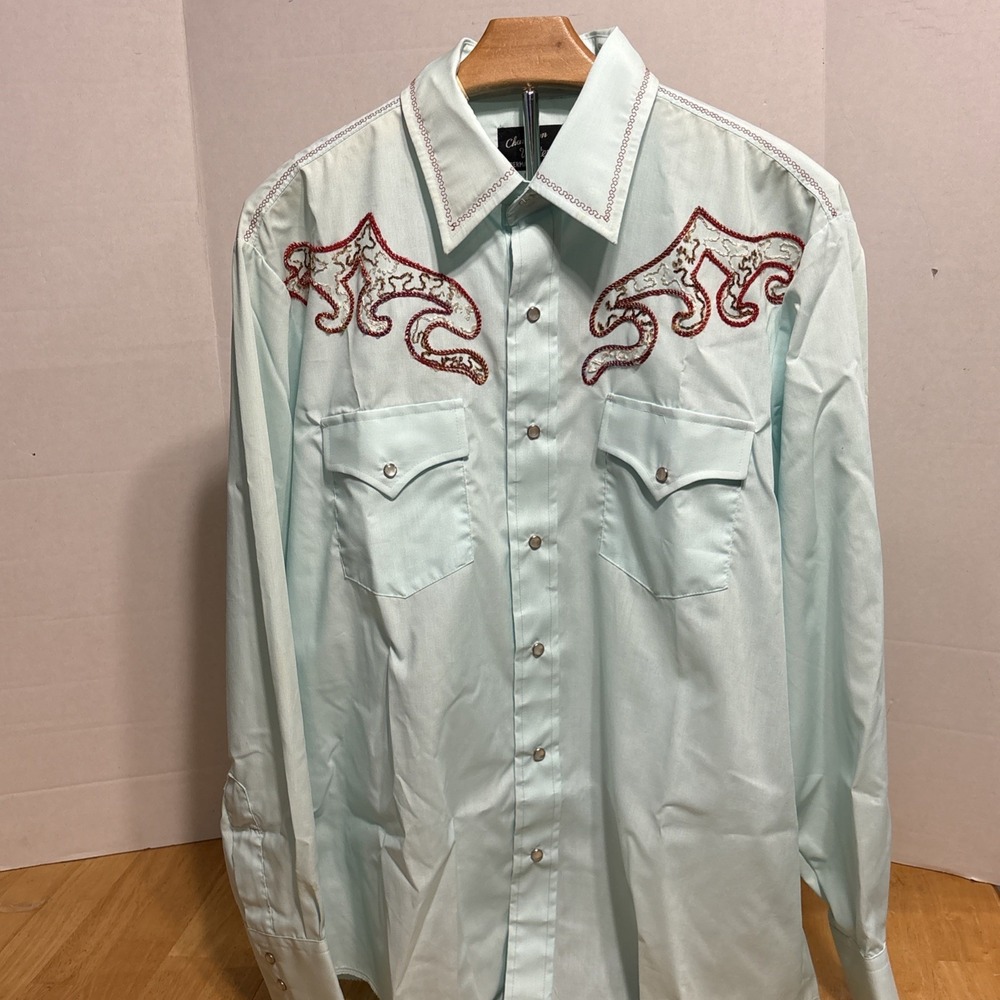 Vintage Champion Western Shirt Men's Light Green Sz 17-34 Pearl Snap Shirt